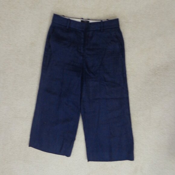 J Crew 100% Linen Wide-Leg Cropped Navy Lounge Career Pants Petites Size 0 - Picture 1 of 7